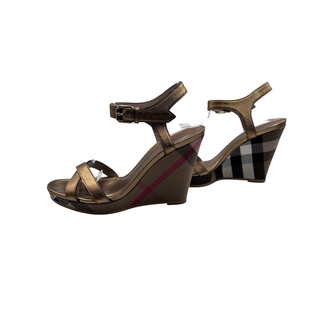 Burberry Wedge Sandals Womens 37.5 Bronze Good House Check Metallic Strappy Heel - Picture 3 of 8